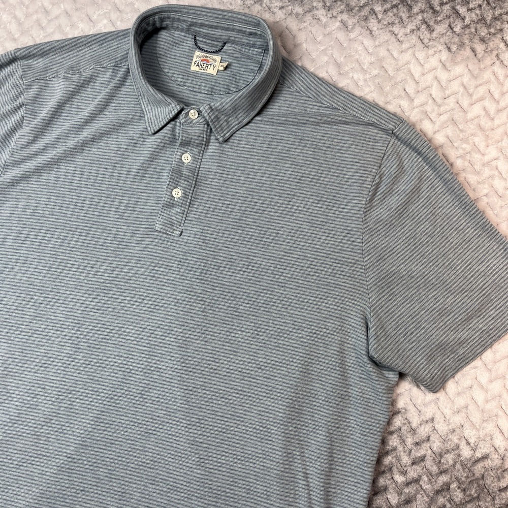 Faherty Brand Polo Shirt Mens XXL Light Blue w Stripes Short Sleeve‎